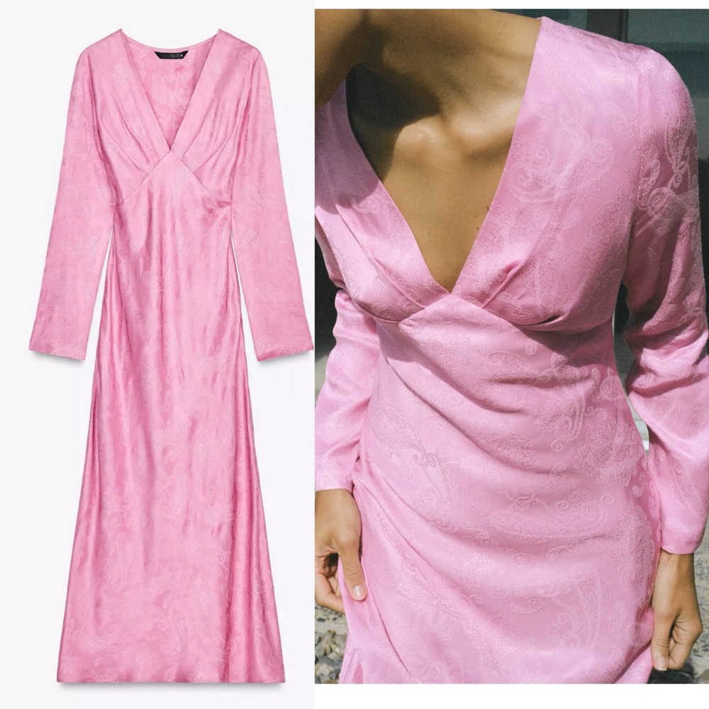 Zara Pink Midi Dress with Subtle Paisley Jacquard